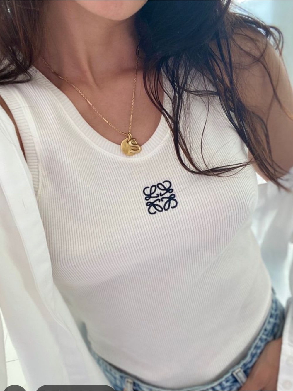 Loewe White Ribbed Tank with Black Anagram Embroidery